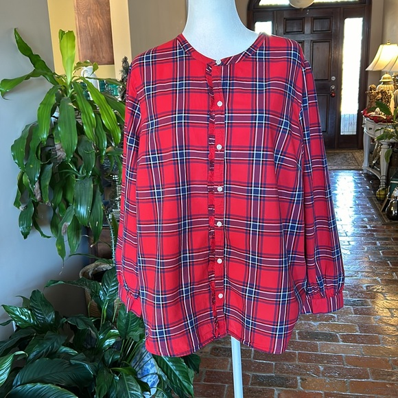 Old Navy Red Blue Plaid Tartan Ruffle Button Trim Long Sleeve Shirt zXL - Picture 9 of 15